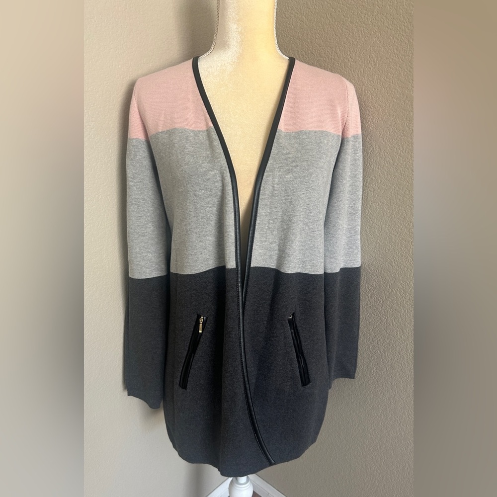 Charter Club Pink, Gray & Black Colorblock Open-Front Cardigan XS